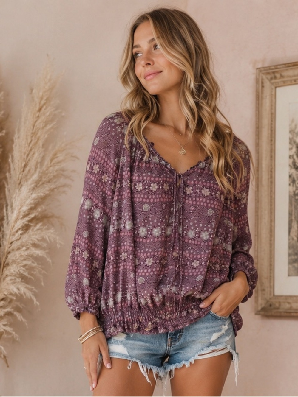 Decree Plum Floral Peasant Blouse